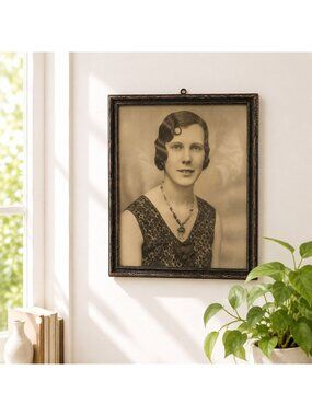 Antique Framed Sepia Portrait Photo Of Woman In 1920s Dress With Necklace 10x12